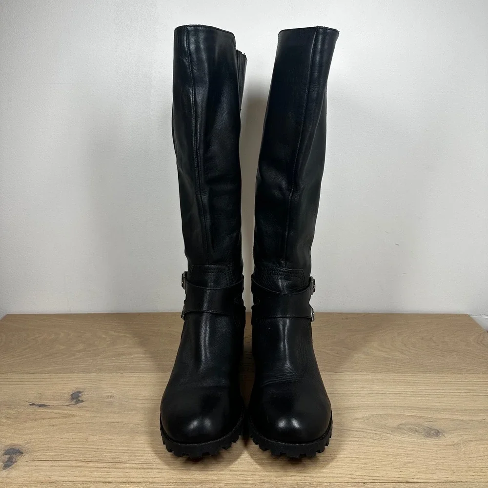 Adrienne Vittadini Boots Women 9 Black Leather Knee High Moto Buckle Riding